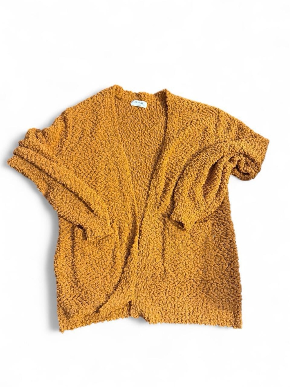 Zenana Outfitters Bouclé Open-Front Cardigan - Mustard